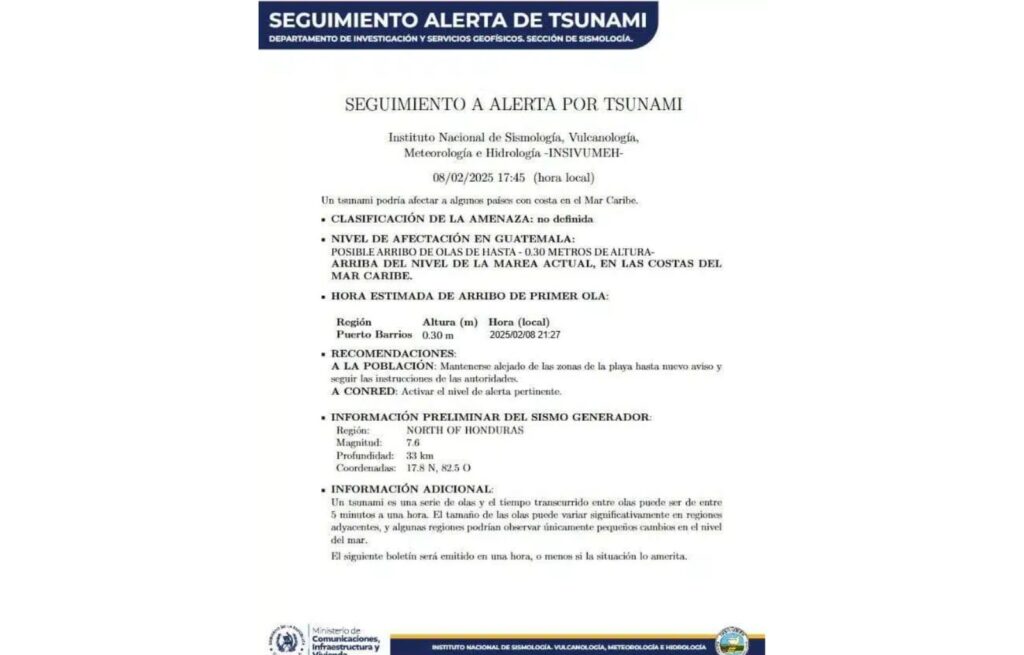 Oleaje aumentará en Puerto Barrios tras alerta de tsunami en el Mar Caribe